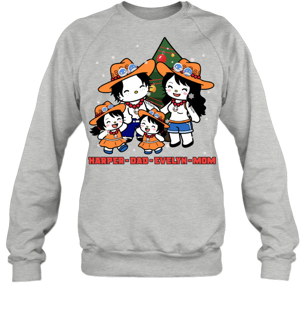 Hello Kitty x Portgas D. Ace Parents & Daughters Custom Name Christmas T-Shirt for Family