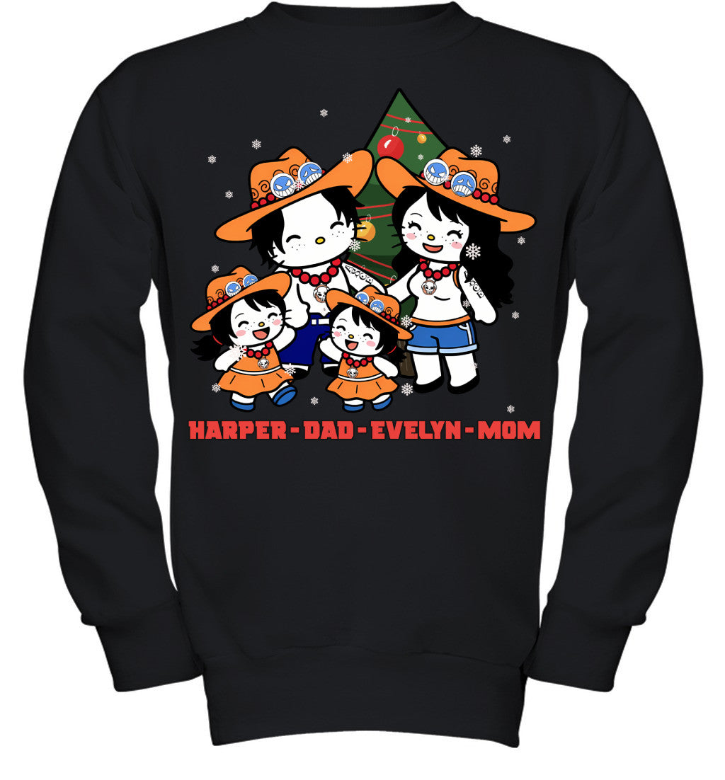 Hello Kitty x Portgas D. Ace Parents & Daughters Custom Name Christmas T-Shirt for Family