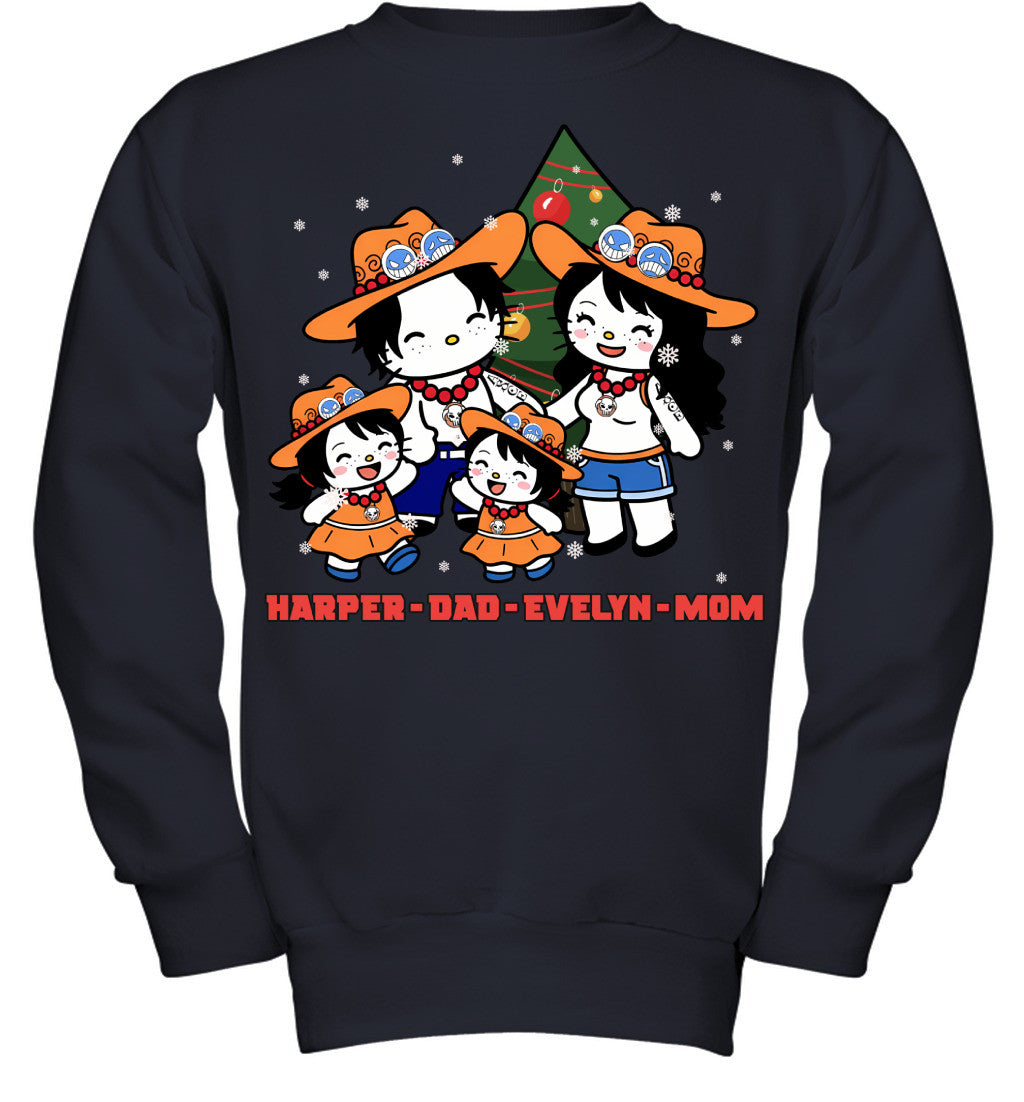 Hello Kitty x Portgas D. Ace Parents & Daughters Custom Name Christmas T-Shirt for Family