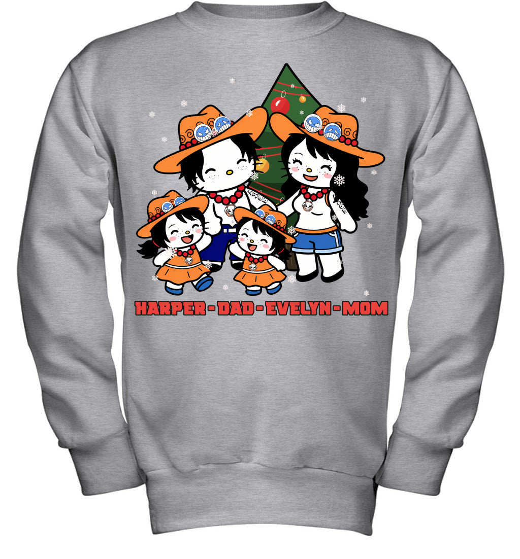 Hello Kitty x Portgas D. Ace Parents & Daughters Custom Name Christmas T-Shirt for Family