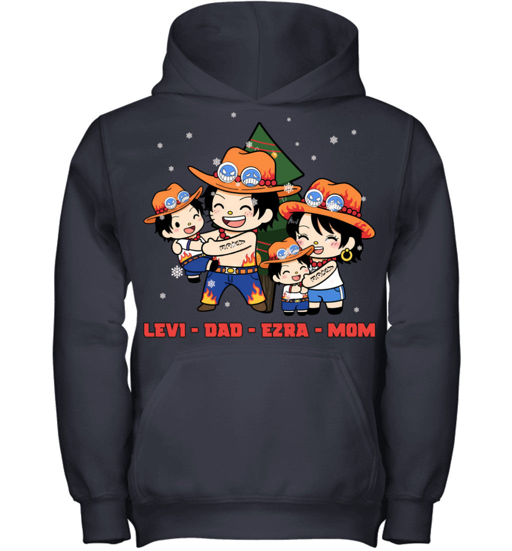 Hello Kitty x Portgas D. Ace Parents & Sons Custom Name Christmas T-Shirt for Family