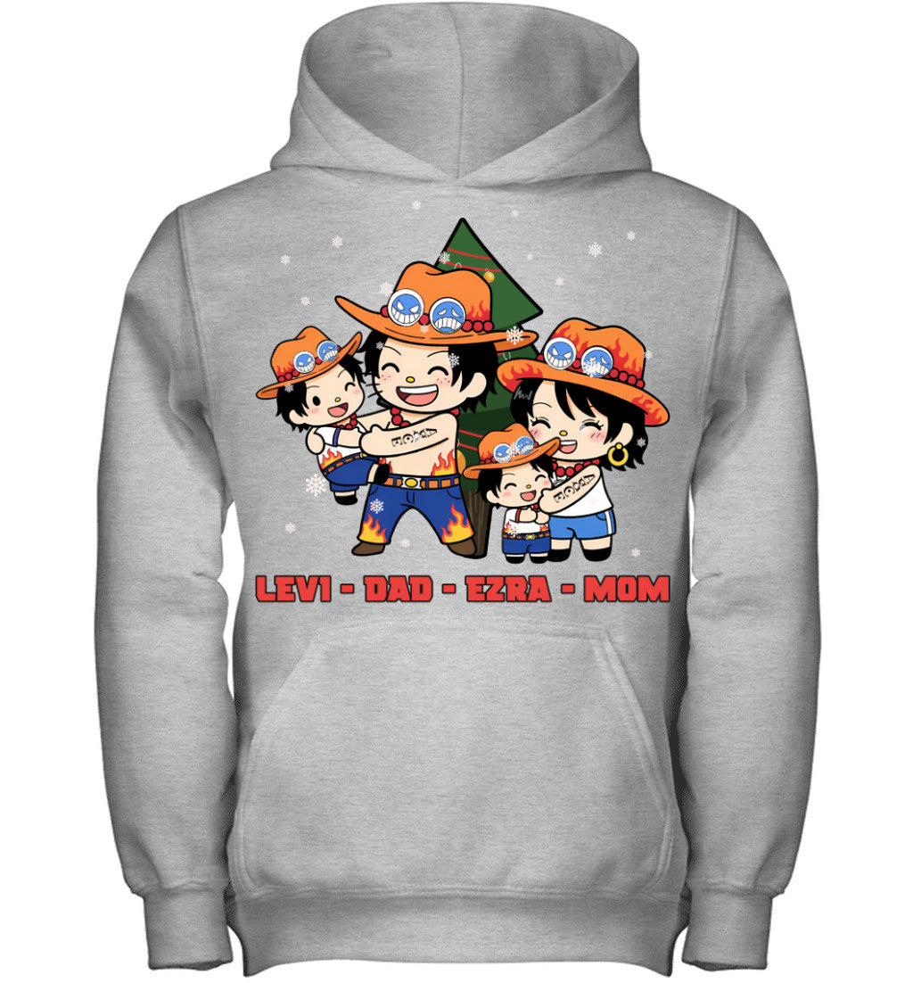 Hello Kitty x Portgas D. Ace Parents & Sons Custom Name Christmas T-Shirt for Family