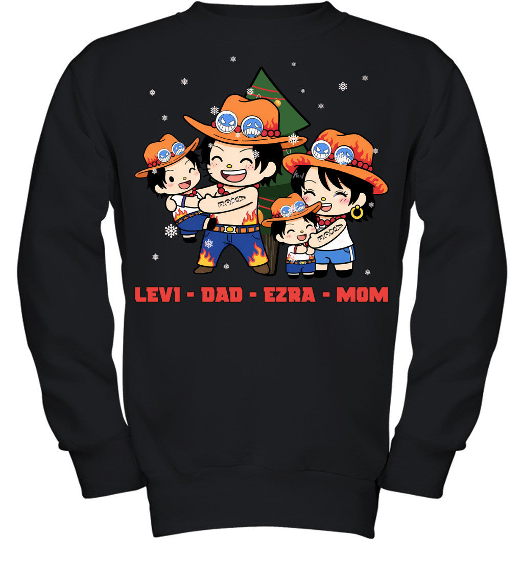 Hello Kitty x Portgas D. Ace Parents & Sons Custom Name Christmas T-Shirt for Family