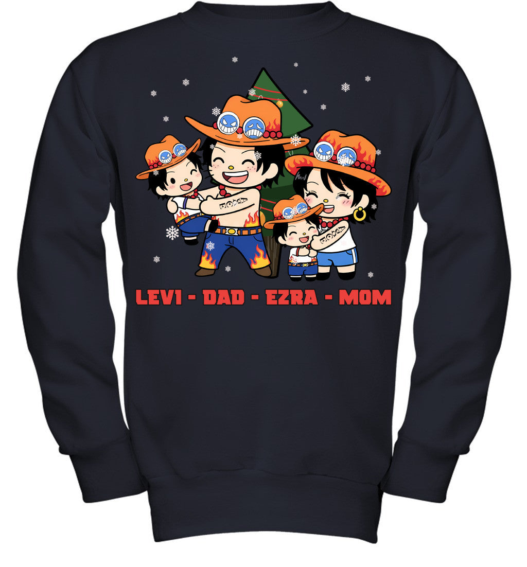 Hello Kitty x Portgas D. Ace Parents & Sons Custom Name Christmas T-Shirt for Family