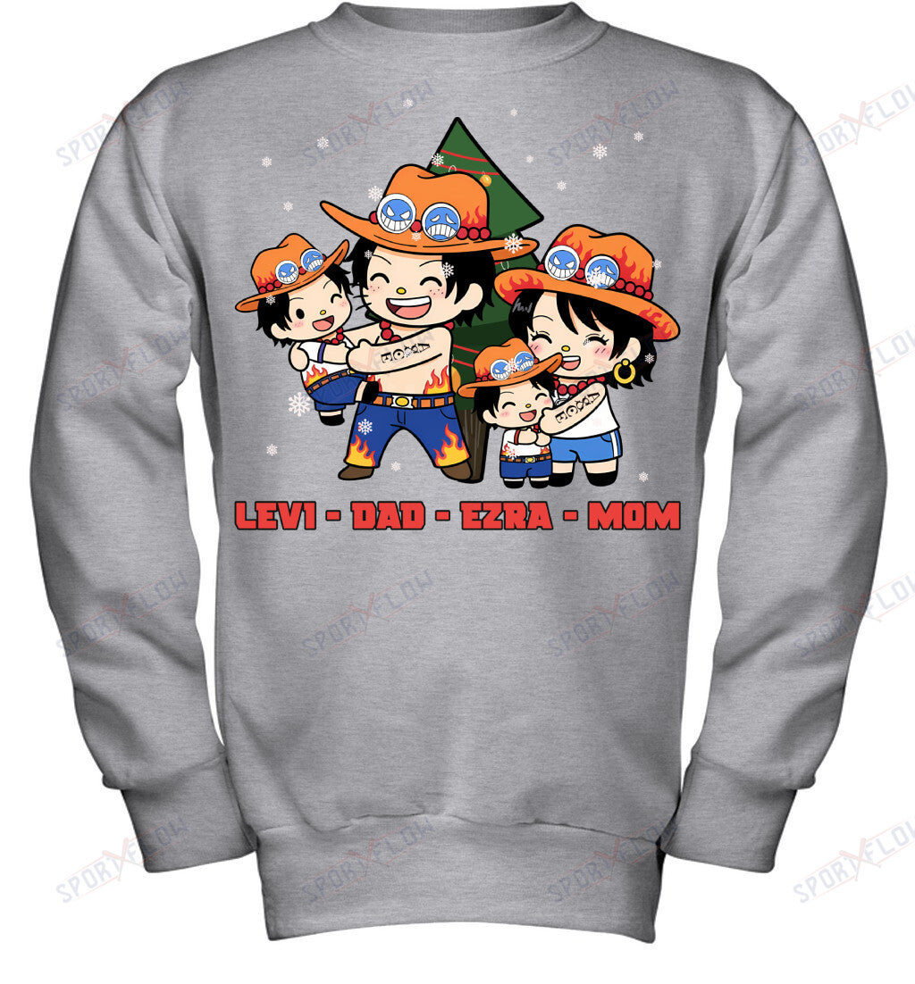 Hello Kitty x Portgas D. Ace Parents & Sons Custom Name Christmas T-Shirt for Family