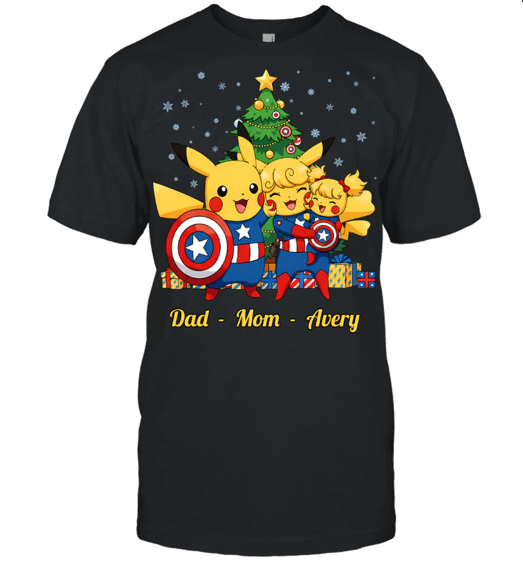 Pikachu x Captain America Parents & Daughter Custom Name Christmas T-Shirt for Family