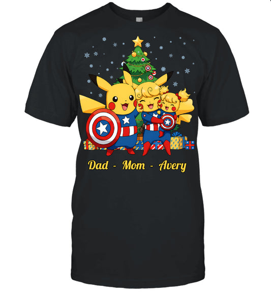 Pikachu x Captain America Parents & Daughter Custom Name Christmas T-Shirt for Family