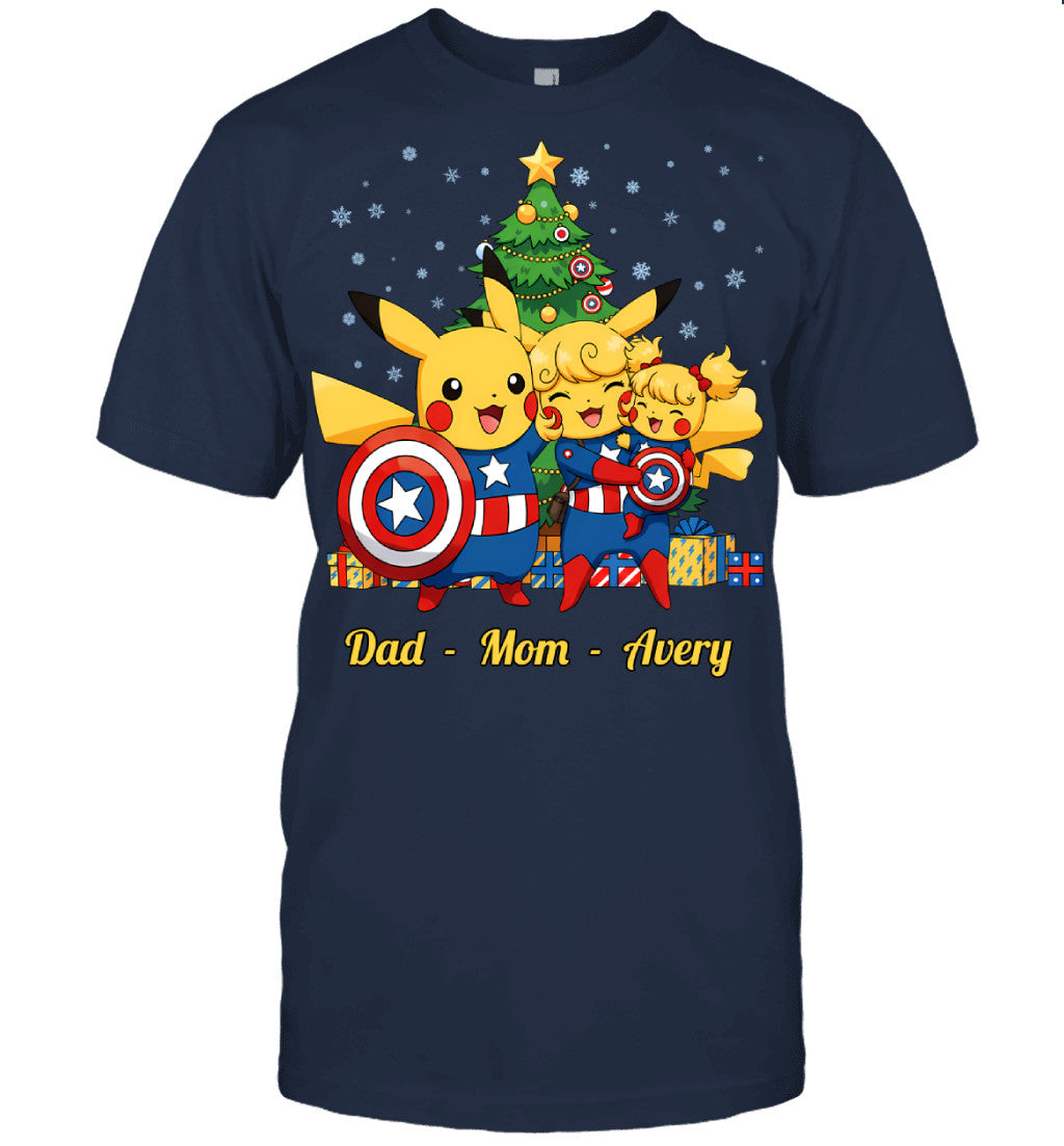 Pikachu x Captain America Parents & Daughter Custom Name Christmas T-Shirt for Family
