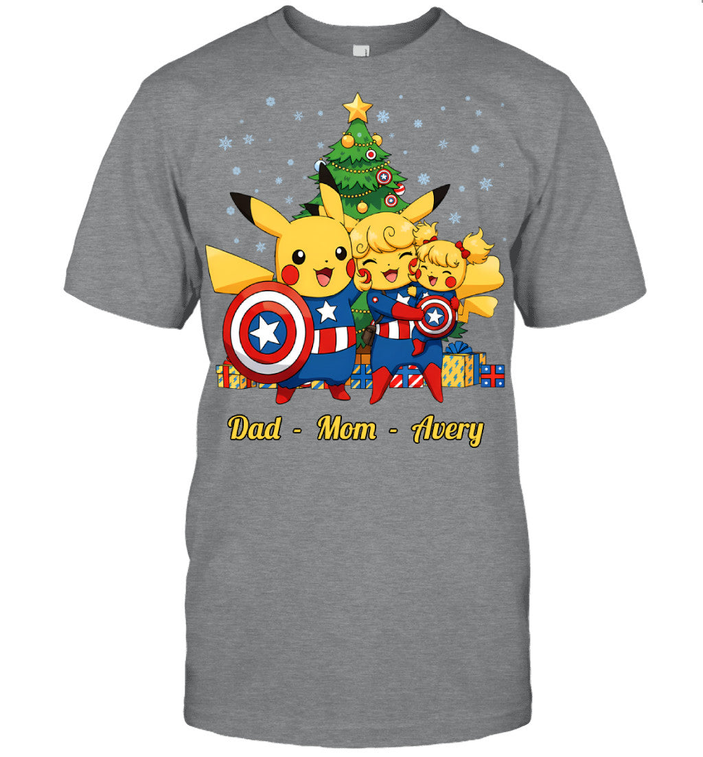 Pikachu x Captain America Parents & Daughter Custom Name Christmas T-Shirt for Family