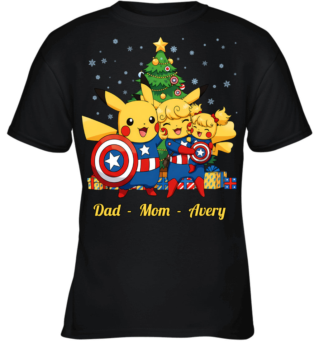 Pikachu x Captain America Parents & Daughter Custom Name Christmas T-Shirt for Family
