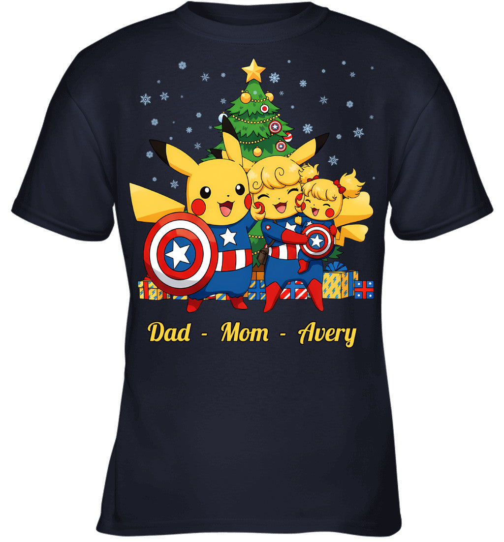 Pikachu x Captain America Parents & Daughter Custom Name Christmas T-Shirt for Family