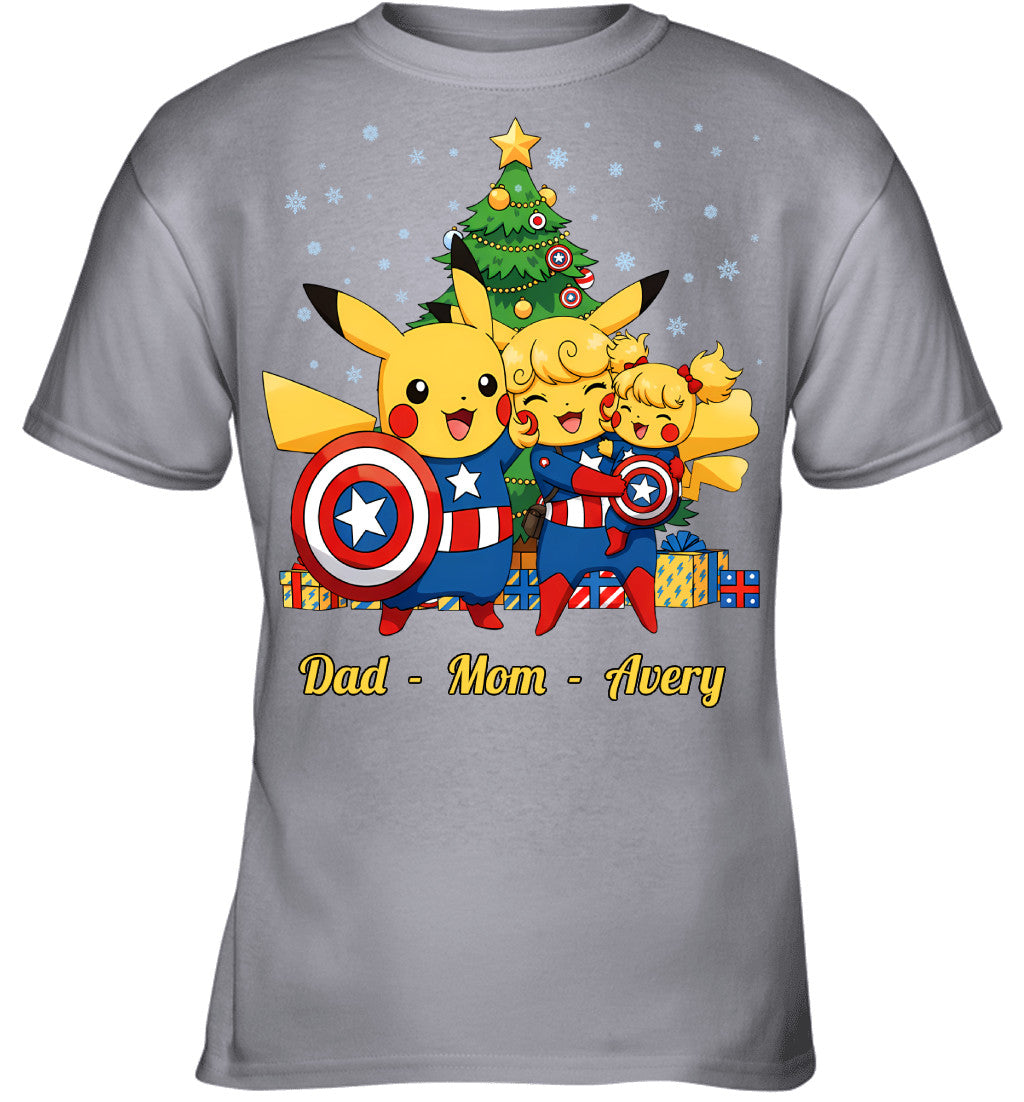 Pikachu x Captain America Parents & Daughter Custom Name Christmas T-Shirt for Family