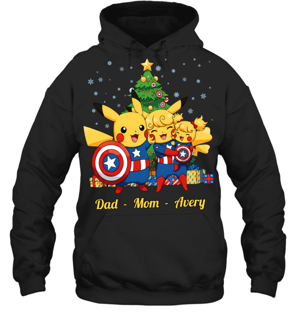 Pikachu x Captain America Parents & Daughter Custom Name Christmas T-Shirt for Family