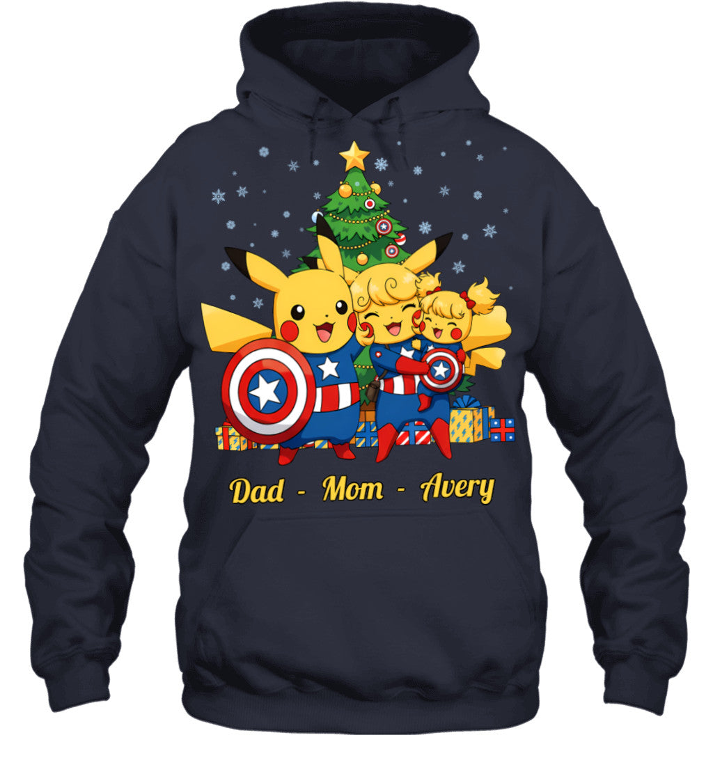 Pikachu x Captain America Parents & Daughter Custom Name Christmas T-Shirt for Family