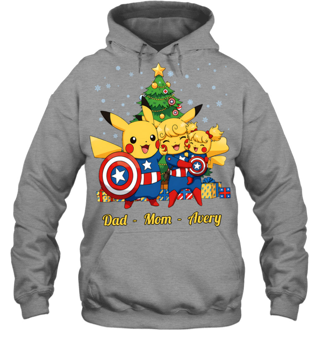 Pikachu x Captain America Parents & Daughter Custom Name Christmas T-Shirt for Family