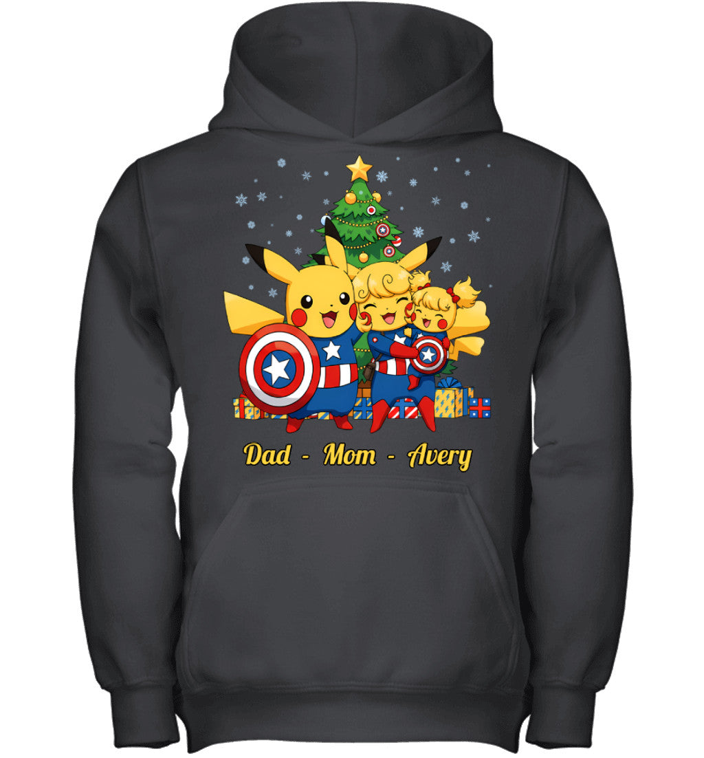 Pikachu x Captain America Parents & Daughter Custom Name Christmas T-Shirt for Family