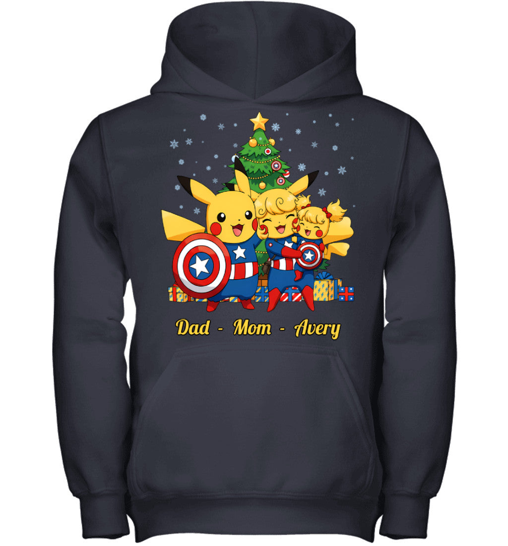 Pikachu x Captain America Parents & Daughter Custom Name Christmas T-Shirt for Family
