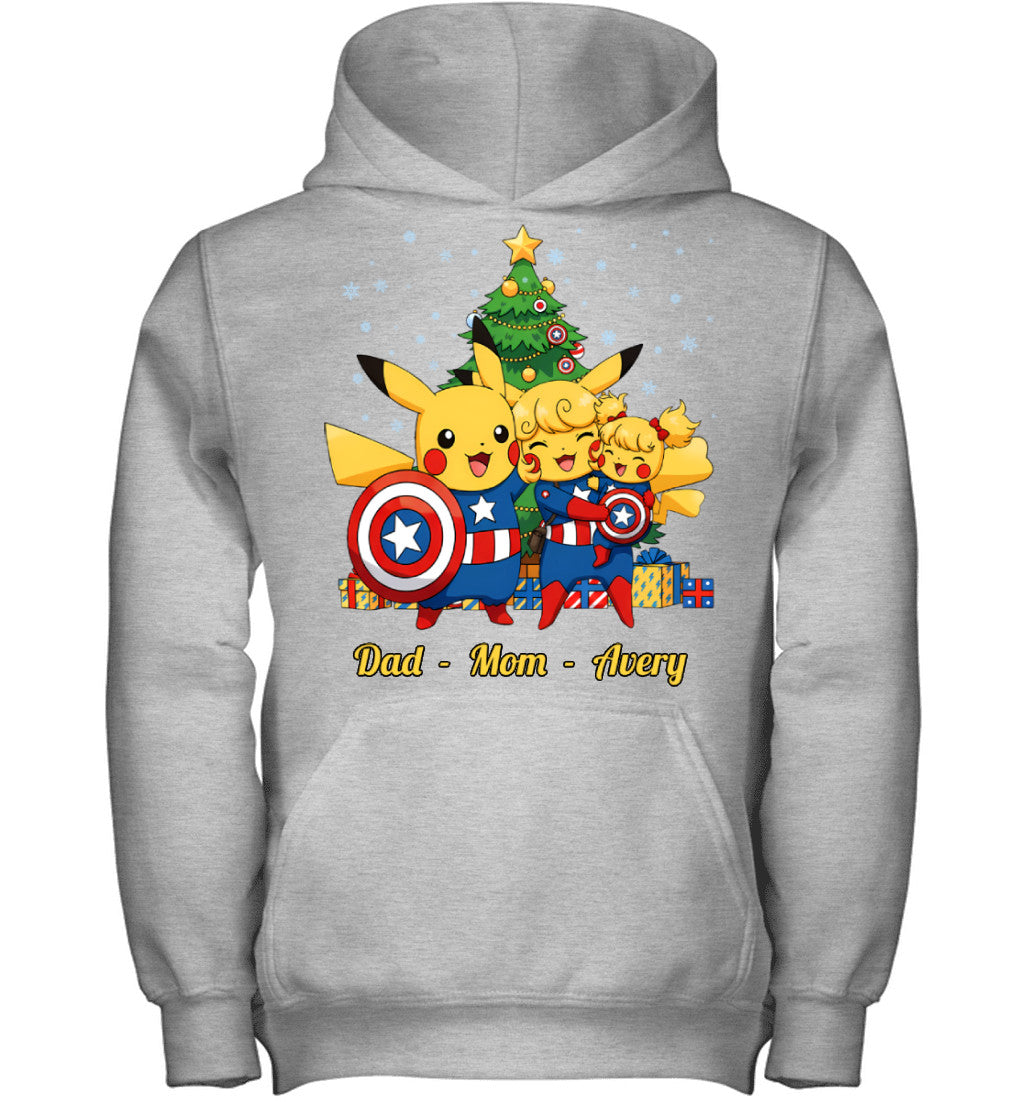 Pikachu x Captain America Parents & Daughter Custom Name Christmas T-Shirt for Family