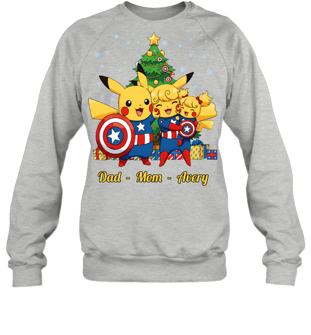 Pikachu x Captain America Parents & Daughter Custom Name Christmas T-Shirt for Family
