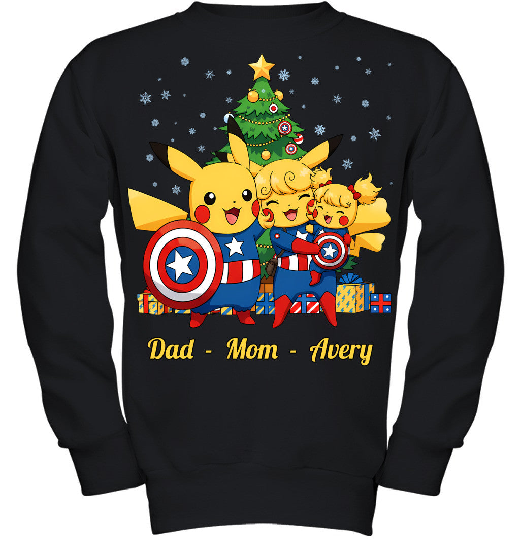Pikachu x Captain America Parents & Daughter Custom Name Christmas T-Shirt for Family