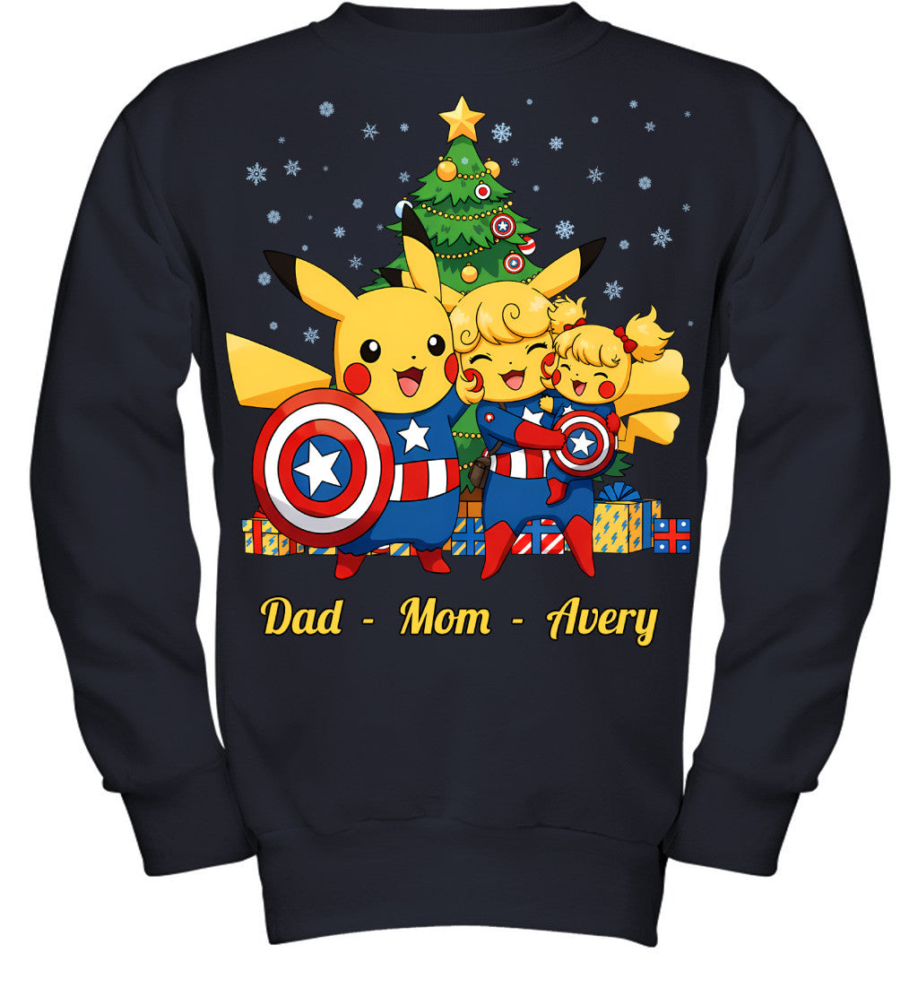 Pikachu x Captain America Parents & Daughter Custom Name Christmas T-Shirt for Family