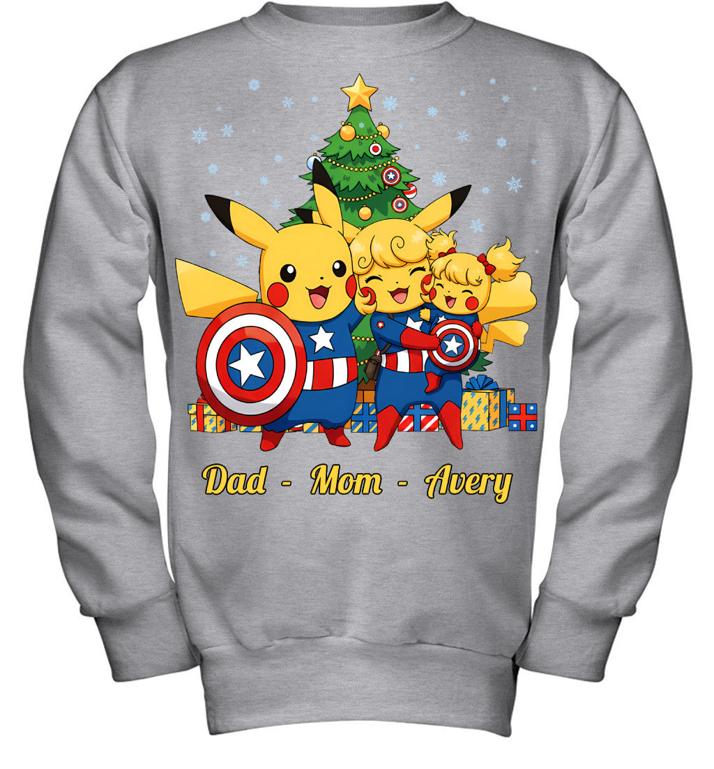 Pikachu x Captain America Parents & Daughter Custom Name Christmas T-Shirt for Family