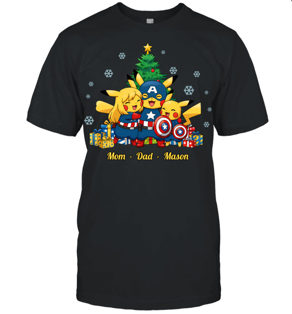 Pikachu x Captain America Parents & Son Custom Name Christmas T-Shirt for Family