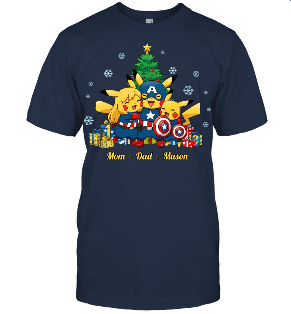 Pikachu x Captain America Parents & Son Custom Name Christmas T-Shirt for Family