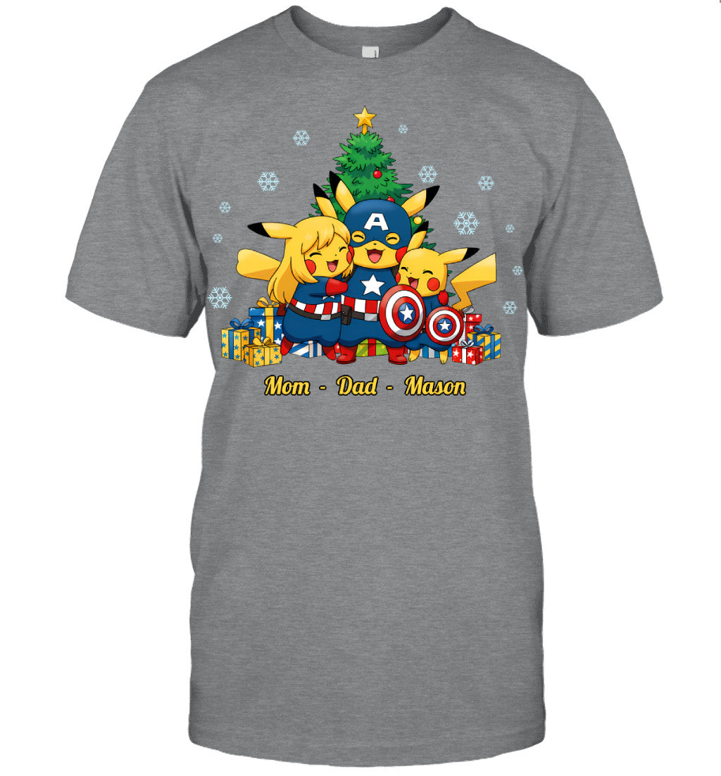 Pikachu x Captain America Parents & Son Custom Name Christmas T-Shirt for Family