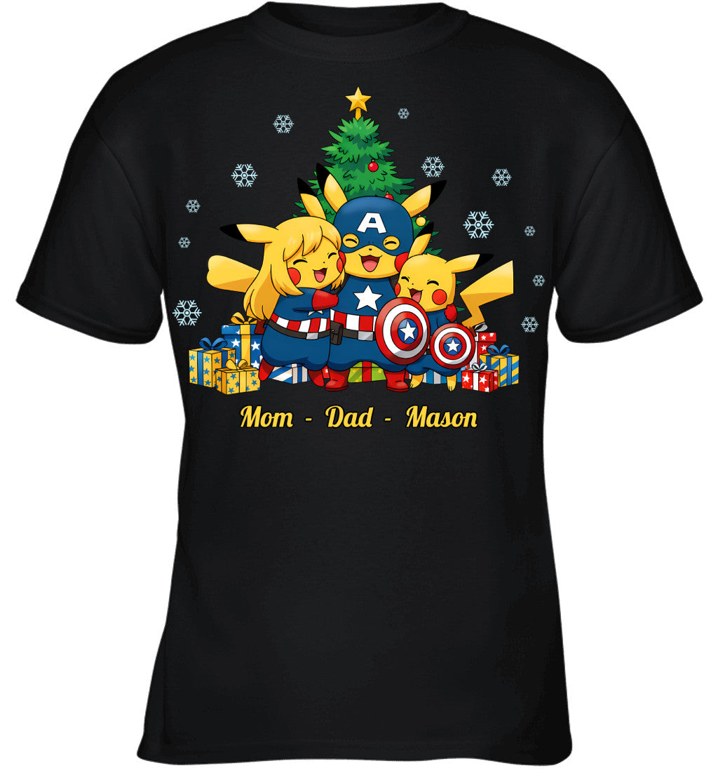 Pikachu x Captain America Parents & Son Custom Name Christmas T-Shirt for Family