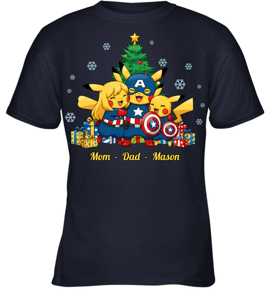 Pikachu x Captain America Parents & Son Custom Name Christmas T-Shirt for Family