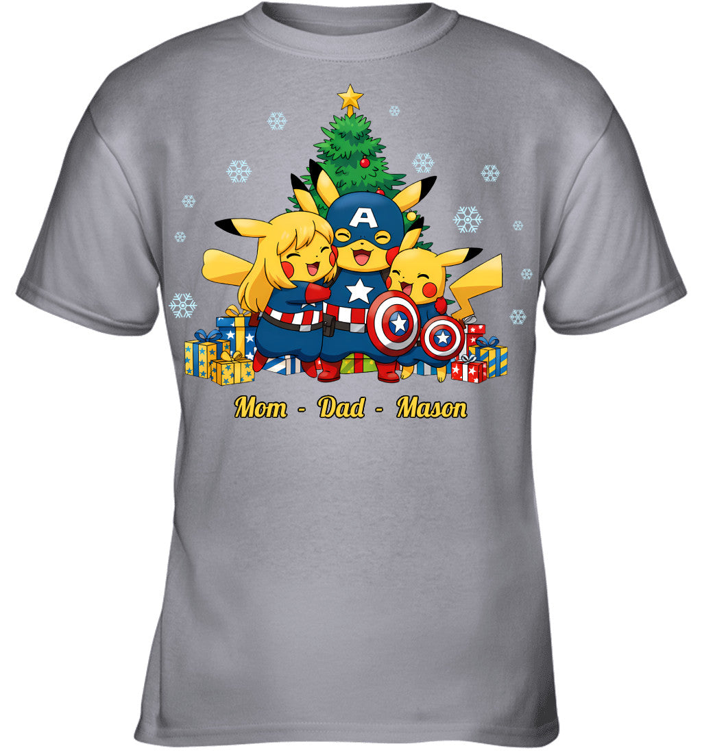 Pikachu x Captain America Parents & Son Custom Name Christmas T-Shirt for Family