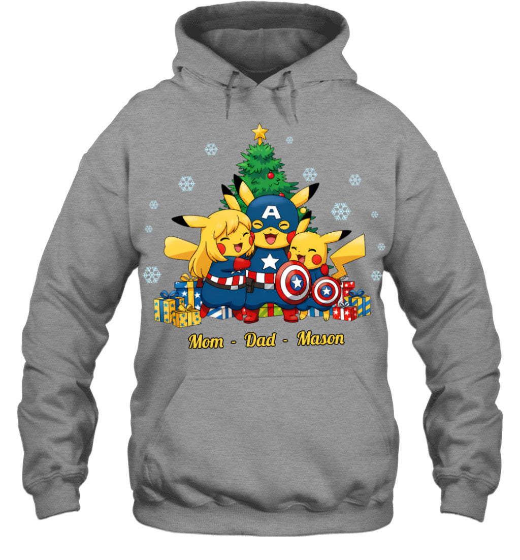 Pikachu x Captain America Parents & Son Custom Name Christmas T-Shirt for Family