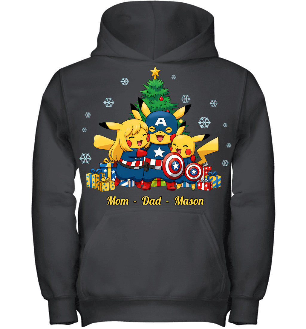 Pikachu x Captain America Parents & Son Custom Name Christmas T-Shirt for Family