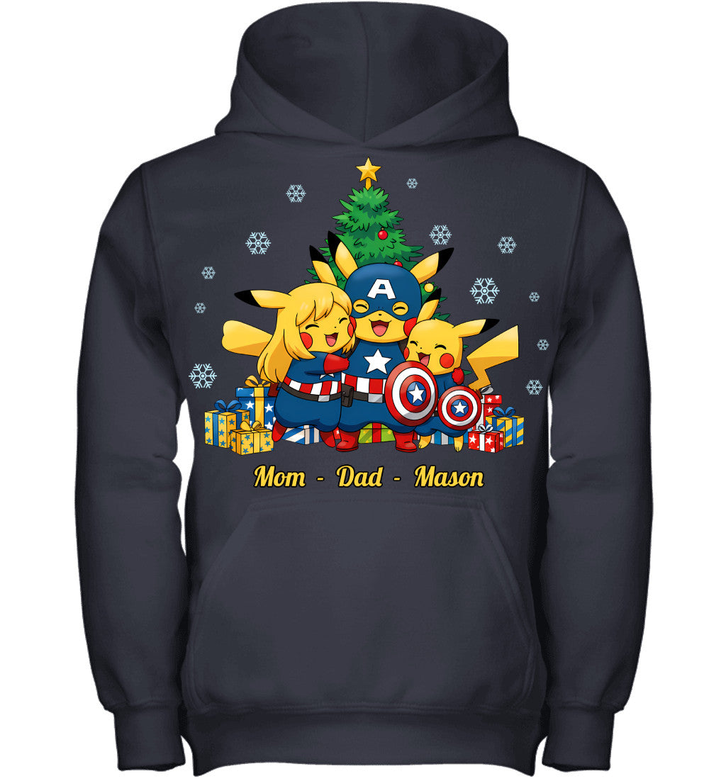 Pikachu x Captain America Parents & Son Custom Name Christmas T-Shirt for Family