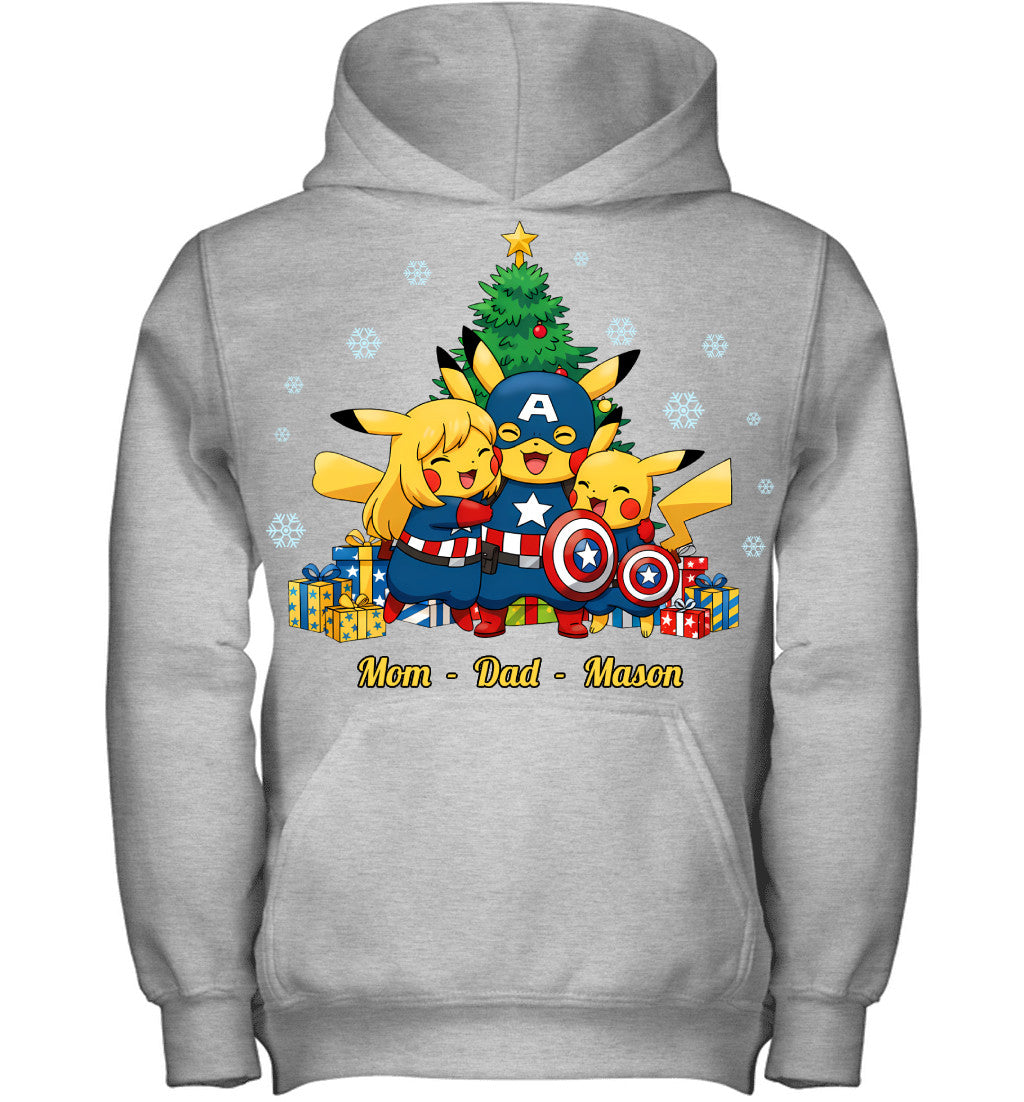 Pikachu x Captain America Parents & Son Custom Name Christmas T-Shirt for Family