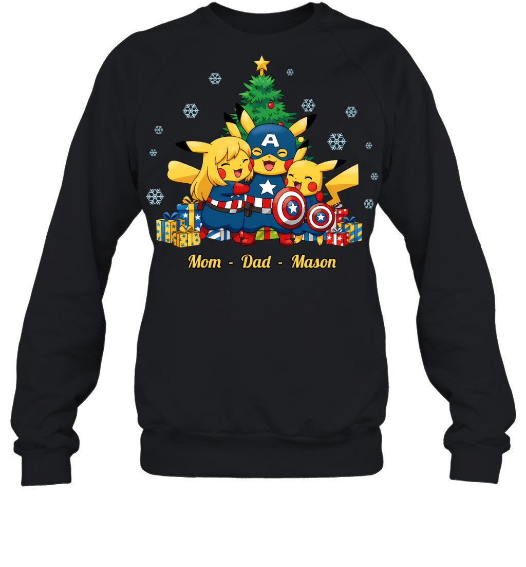 Pikachu x Captain America Parents & Son Custom Name Christmas T-Shirt for Family