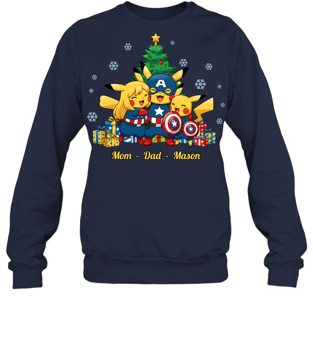Pikachu x Captain America Parents & Son Custom Name Christmas T-Shirt for Family