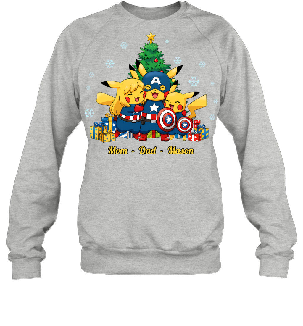 Pikachu x Captain America Parents & Son Custom Name Christmas T-Shirt for Family