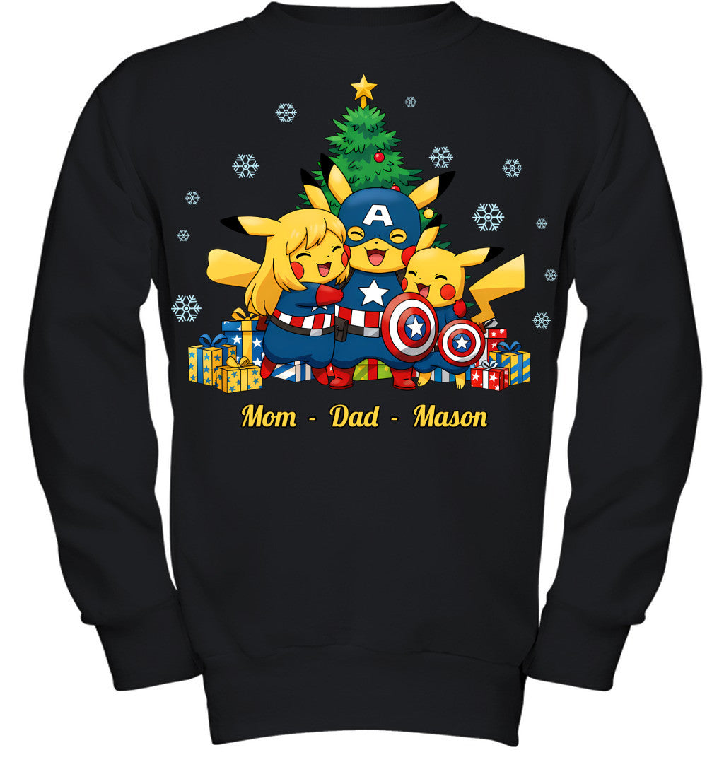 Pikachu x Captain America Parents & Son Custom Name Christmas T-Shirt for Family