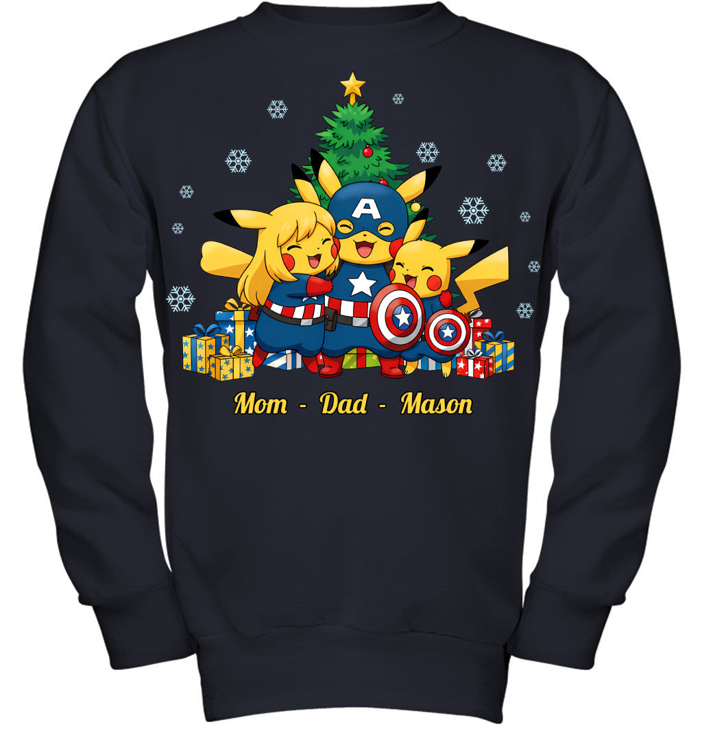 Pikachu x Captain America Parents & Son Custom Name Christmas T-Shirt for Family