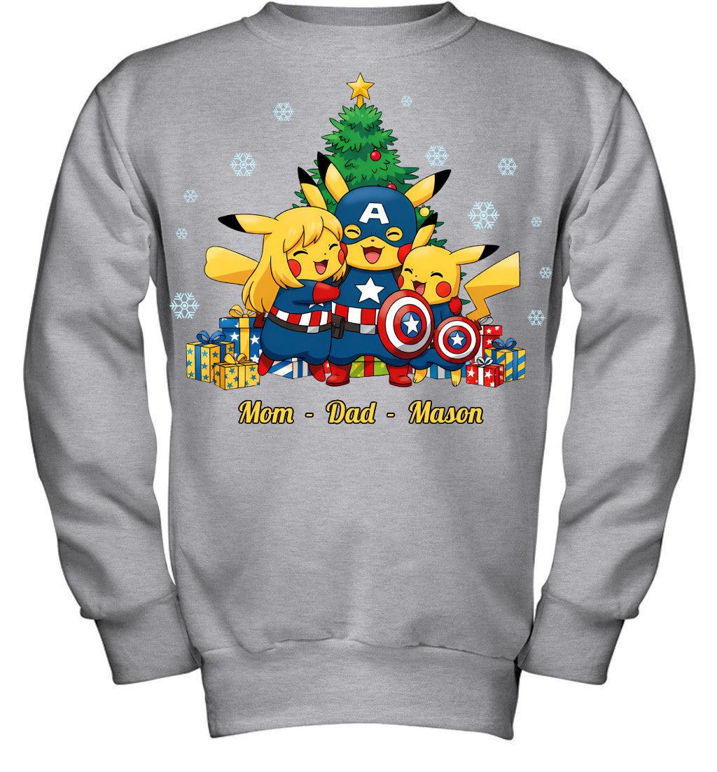 Pikachu x Captain America Parents & Son Custom Name Christmas T-Shirt for Family