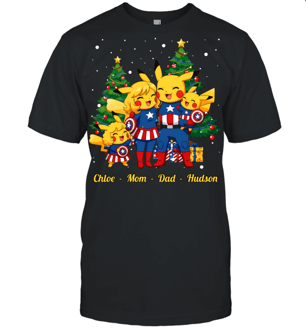Pikachu x Captain America Parents & Kids Custom Name Christmas T-Shirt for Family