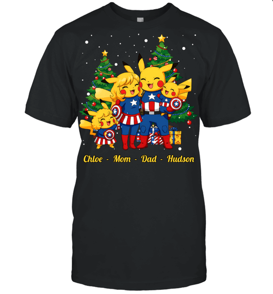 Pikachu x Captain America Parents & Kids Custom Name Christmas T-Shirt for Family