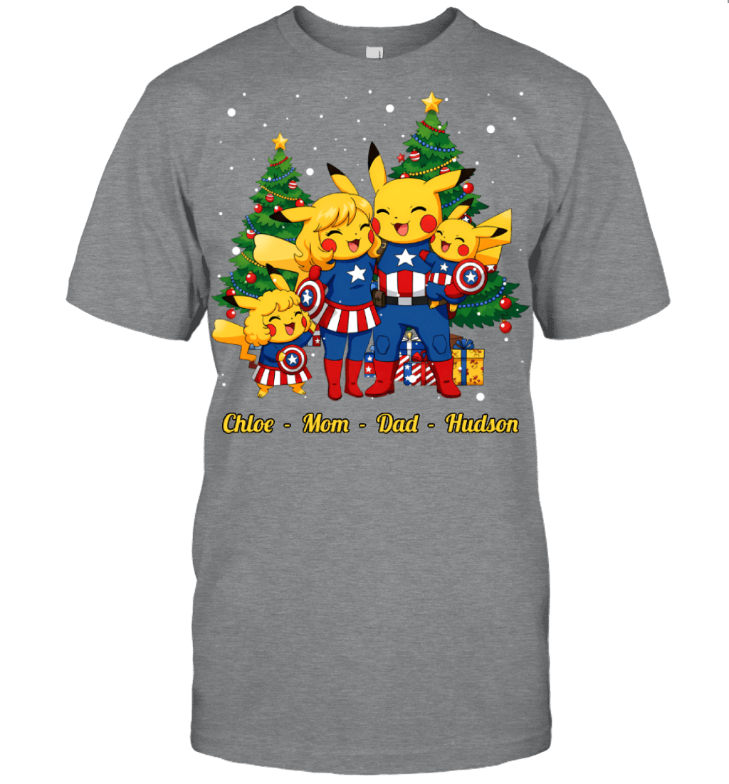 Pikachu x Captain America Parents & Kids Custom Name Christmas T-Shirt for Family