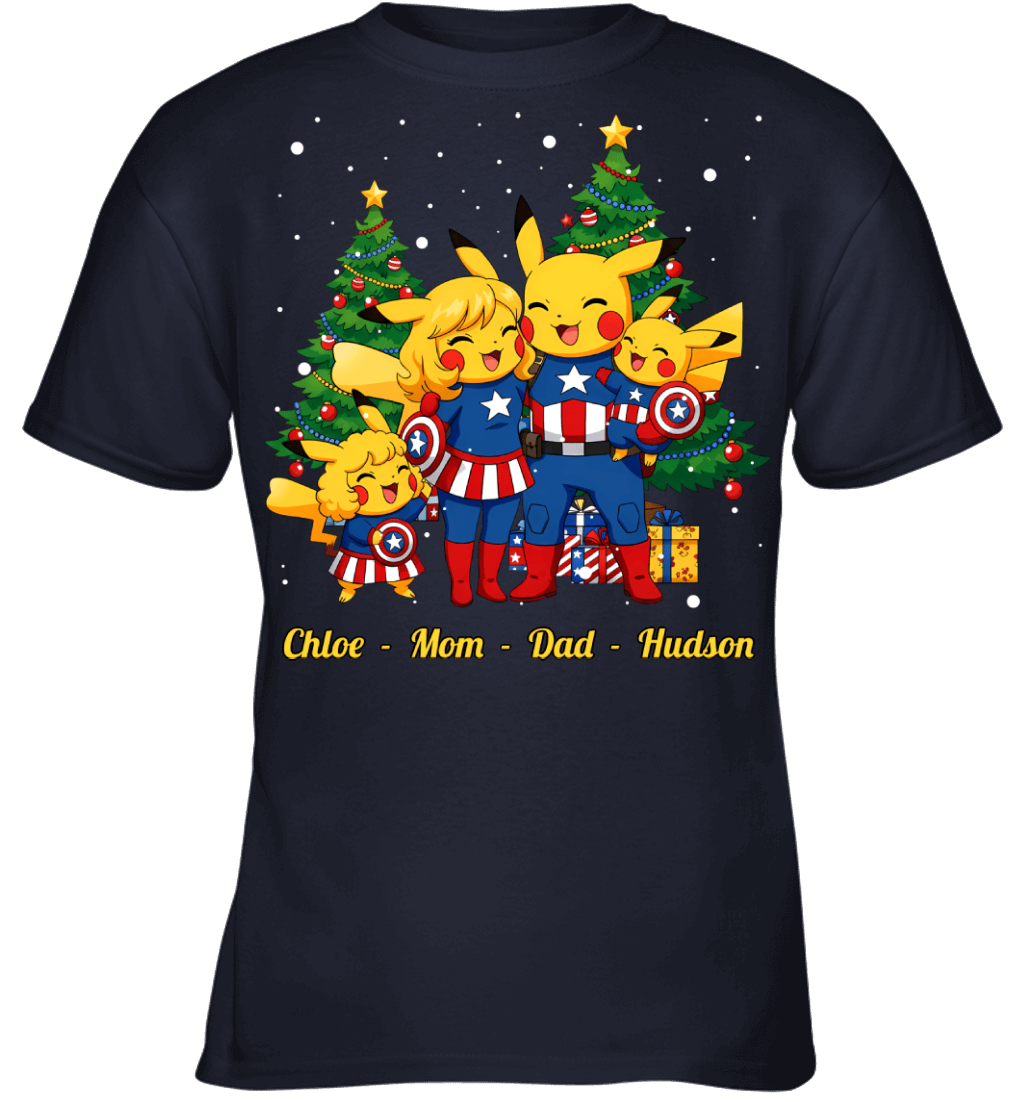 Pikachu x Captain America Parents & Kids Custom Name Christmas T-Shirt for Family