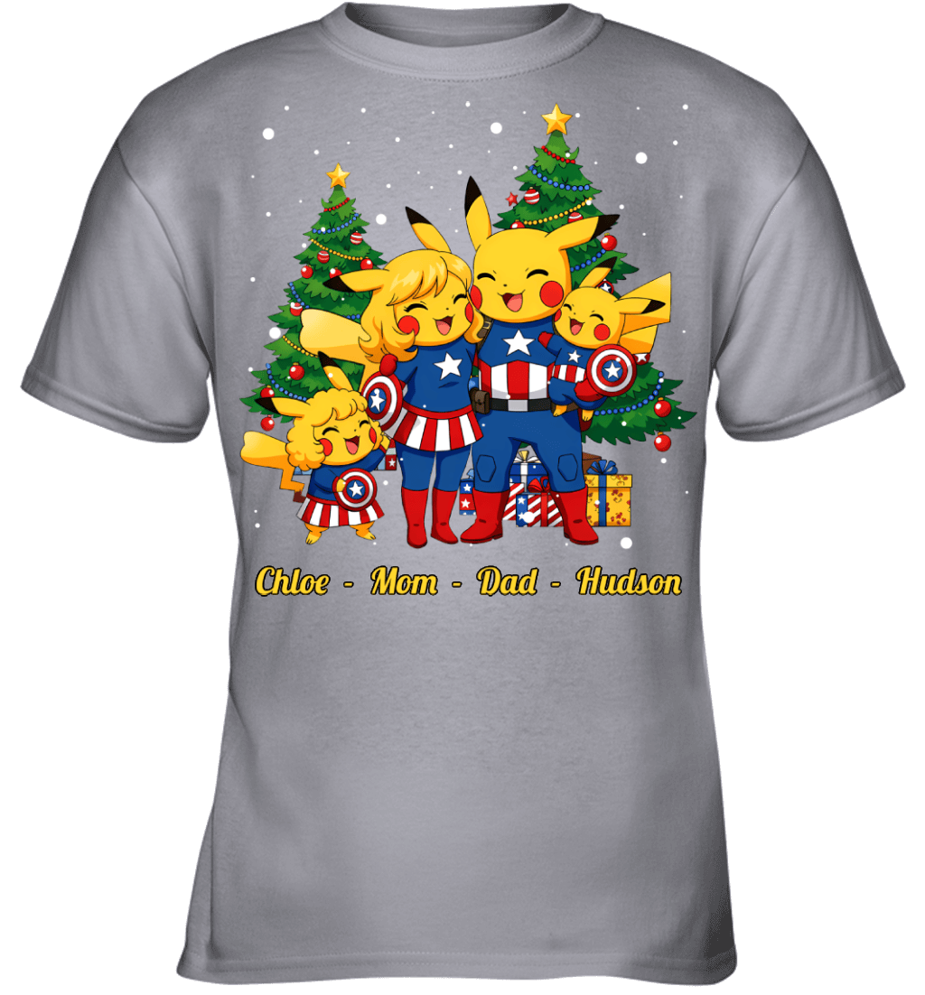 Pikachu x Captain America Parents & Kids Custom Name Christmas T-Shirt for Family