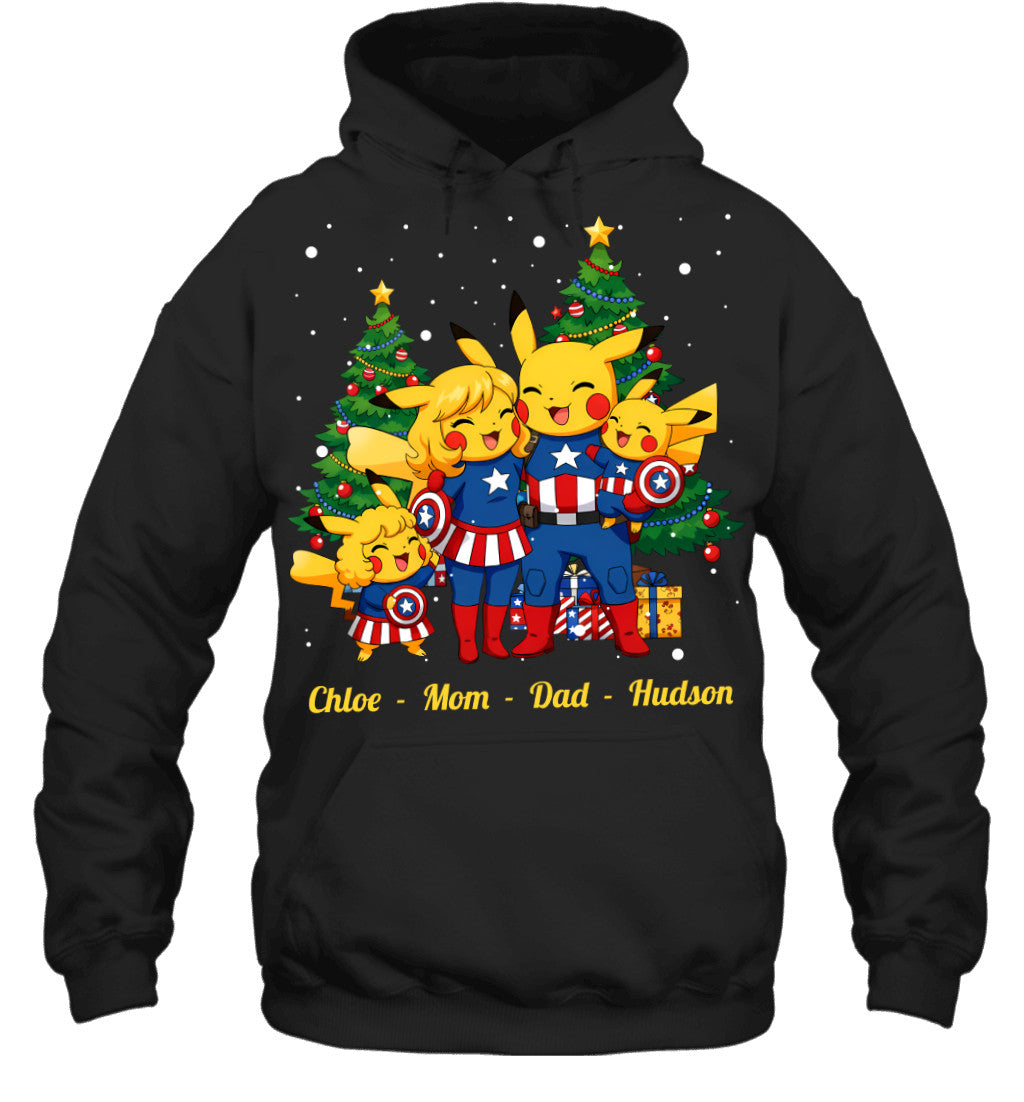 Pikachu x Captain America Parents & Kids Custom Name Christmas T-Shirt for Family