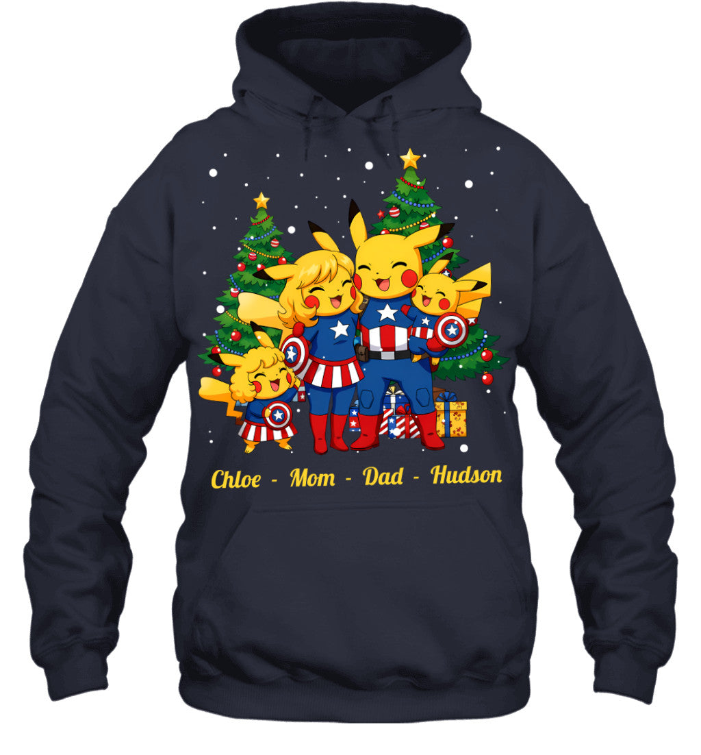 Pikachu x Captain America Parents & Kids Custom Name Christmas T-Shirt for Family
