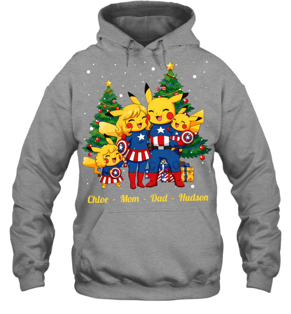 Pikachu x Captain America Parents & Kids Custom Name Christmas T-Shirt for Family